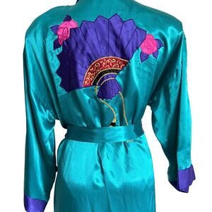 Kathleen Usherwood Satin Dressing Gown Embroidered Floral Fan Sz M kimono Women